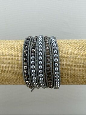 Boho Multi-Wrap Beaded Bracelet | Pearl & Crystal Lt Grey Leather Wrap Bracelet